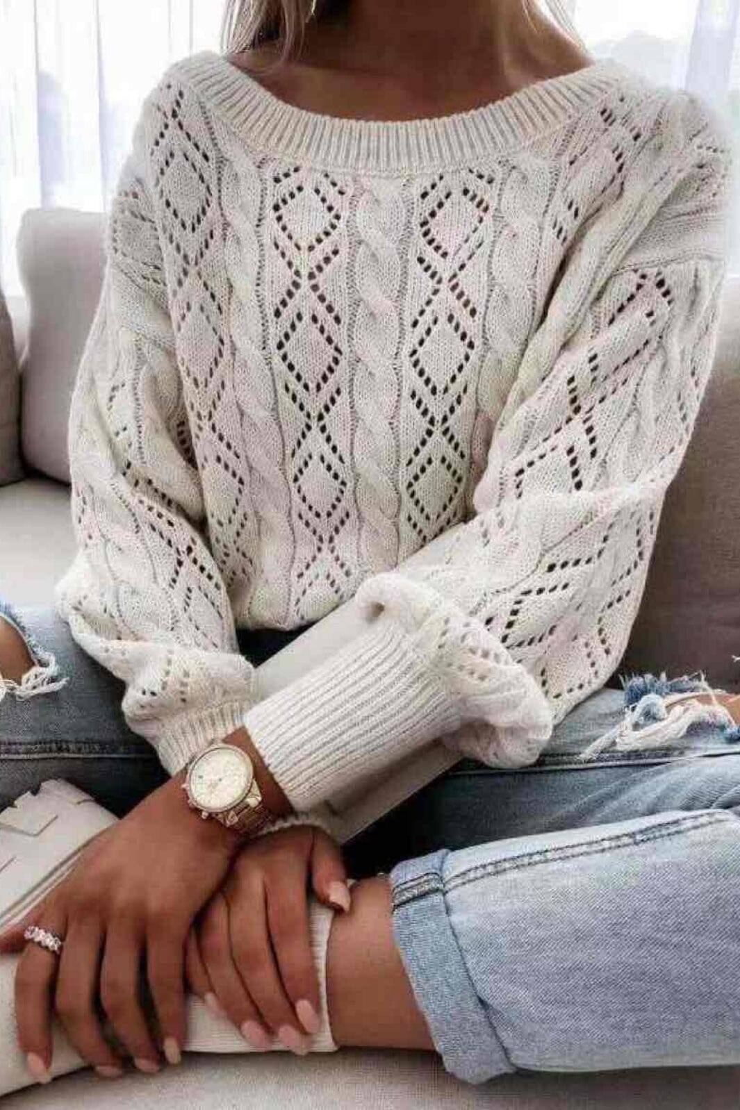 A-bee - Cable Knit Sweater 86138A - Beige Strikbluser