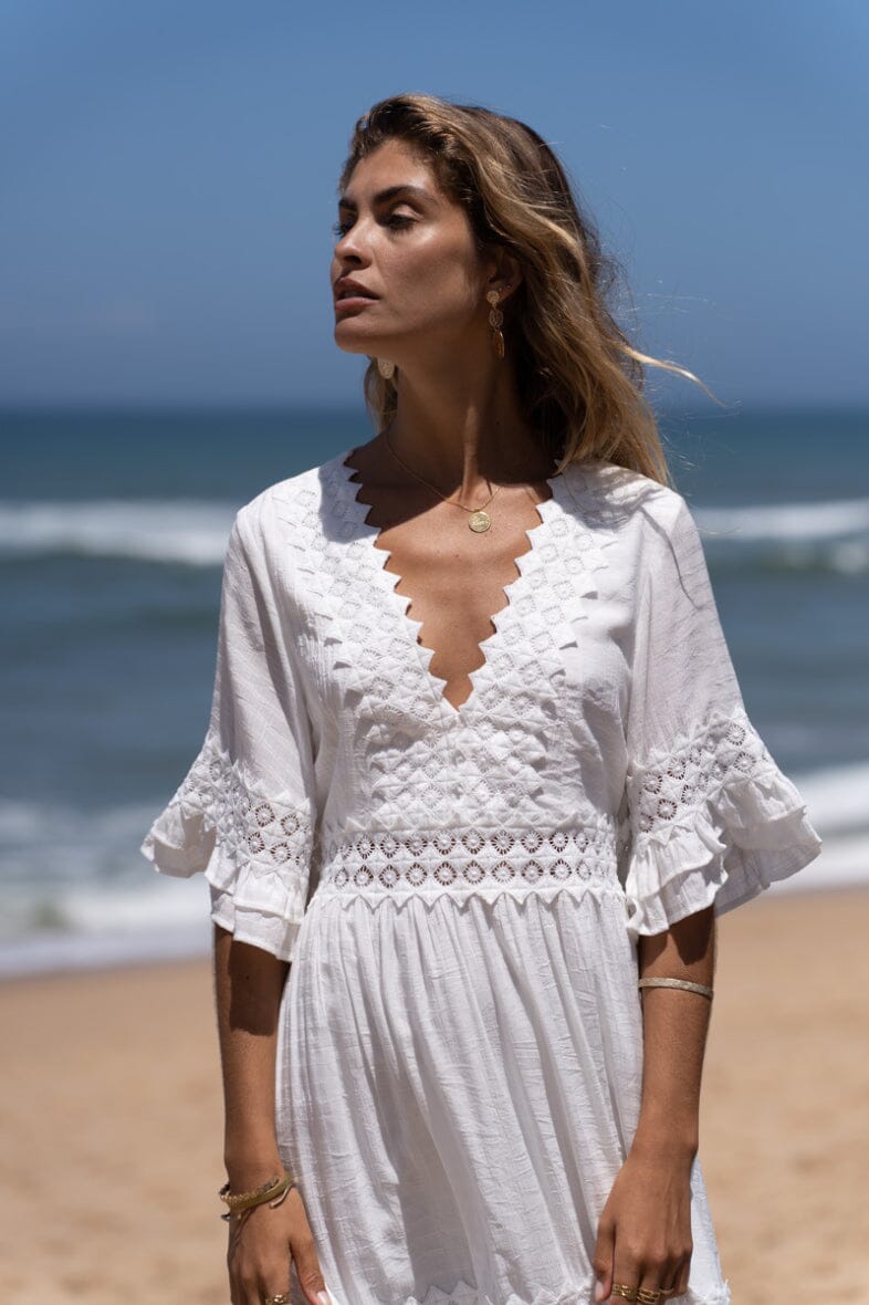 A-bee - Embroidered bohemian dress 12043GL - White Kjoler 