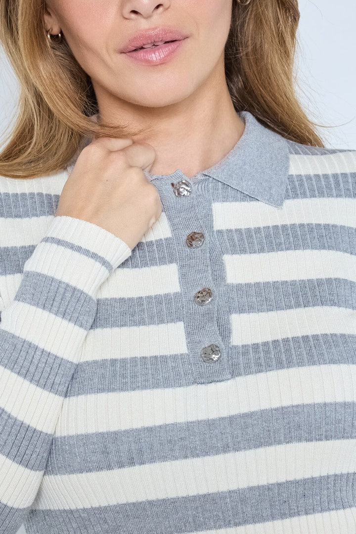Co´Couture - Bonnycc Stripe L/S Polo Knit 42009 - 138 - Light Grey