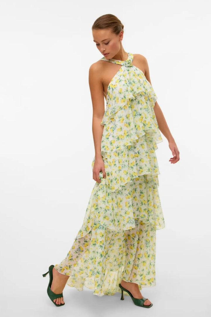 Forudbestilling - Vero Moda - Vmfelicia Sl Ruffle Maxi Dress - 4783970 Star White Lemon Aop