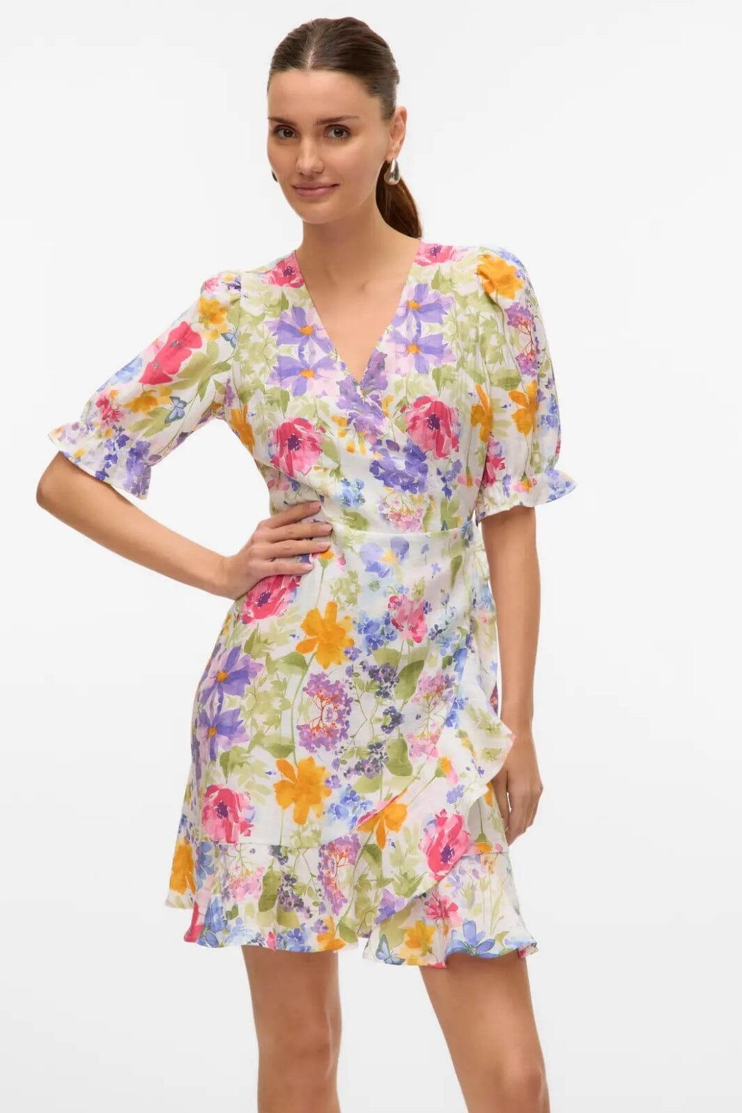 Vero Moda - Vmflora 2/4 Wrap Short Dress - 4887993 Bright White Multi Flower