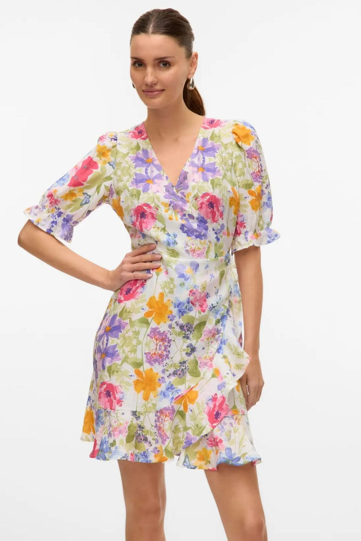 Vero Moda - Vmflora 2/4 Wrap Short Dress - 4887993 Bright White Multi Flower
