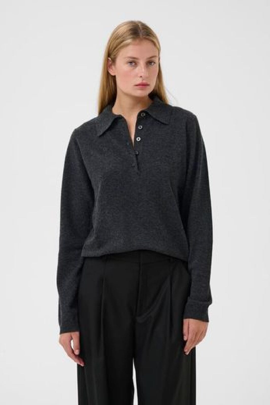 Gestuz - Gzmanzi Polo Pullover 10910534 - 106530 - Deep Graphite Melange Strikbluser