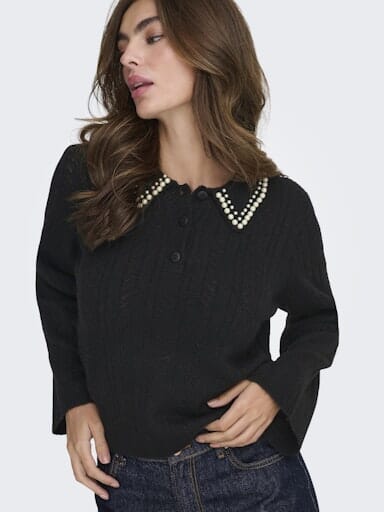 JDY - Jdyapril Life L/S Pearl Collar Pull Knt - 4867847 Black White Pearls Strikbluser