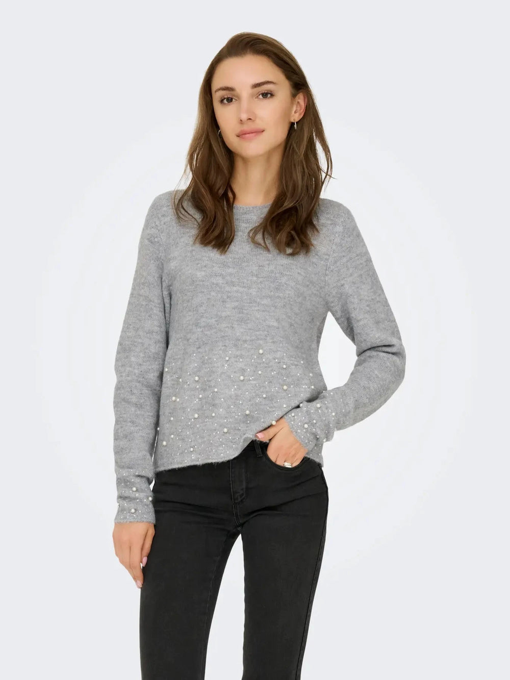 JDY - Jdypearl L/S O-Neck Pearl Pullover Knt - 4815065 Light Grey Melange White Pearls Strikbluser