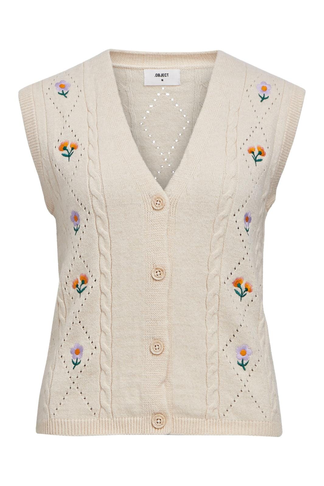Object - Objthess Sl Knit Cable Waistcoat - 4621040 Sandshell Flower Embroidery