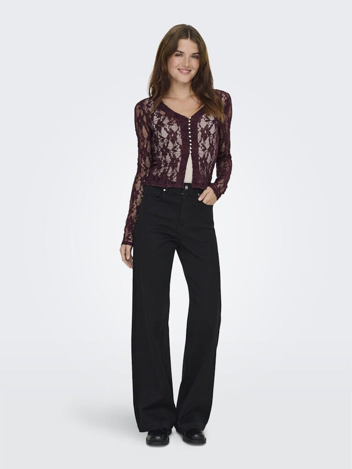 Only - Onlalba L/S V-Neck Lace Top - 4907612 Decadent Chocolate Bluser