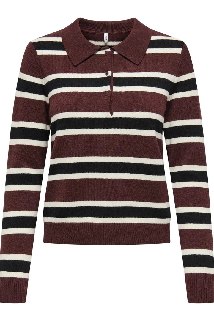 Only - Onllondon Ls Stripe Polo Cc Knt - 4947495 Decadent Chocolate Babys Breath/Black/Dtm Button Strikbluser