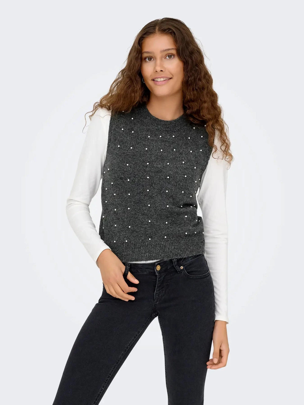 Only - Onlrenata Sl O-Neck Pearl Vest Knt - 4805610 Dark Grey Melange White Pearls Strikbluser