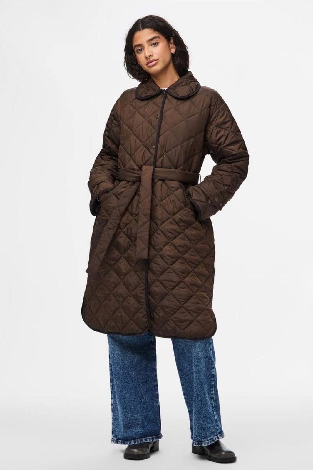 Pieces - Pcemily Long Quilted Jacket - 4816860 Hot Fudge Black Binding