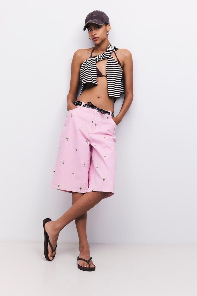 Pieces - Pcflora Long Emb Shorts - 5124683 Roseate Spoonbill Yellow Flower Embroidery