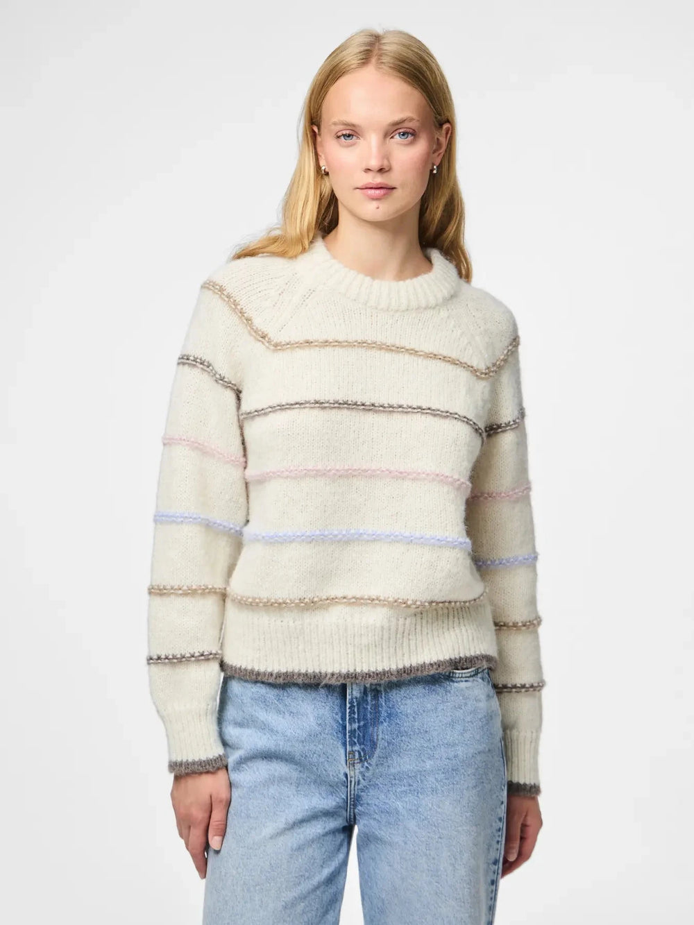 Pieces - Pcnelia Ls O-Neck Knit - 4803220 Birch Grei/More/Dapi/Blaven Strikbluser