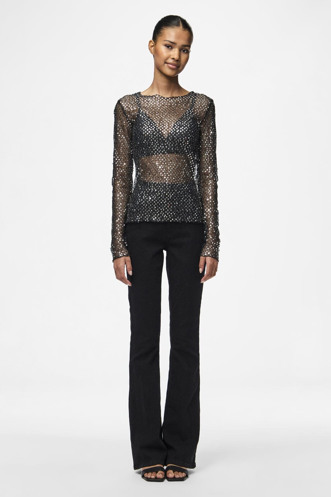 Pieces - Pcrissi Ls Sequins Top - 4610020 Black Silver Sequins Toppe