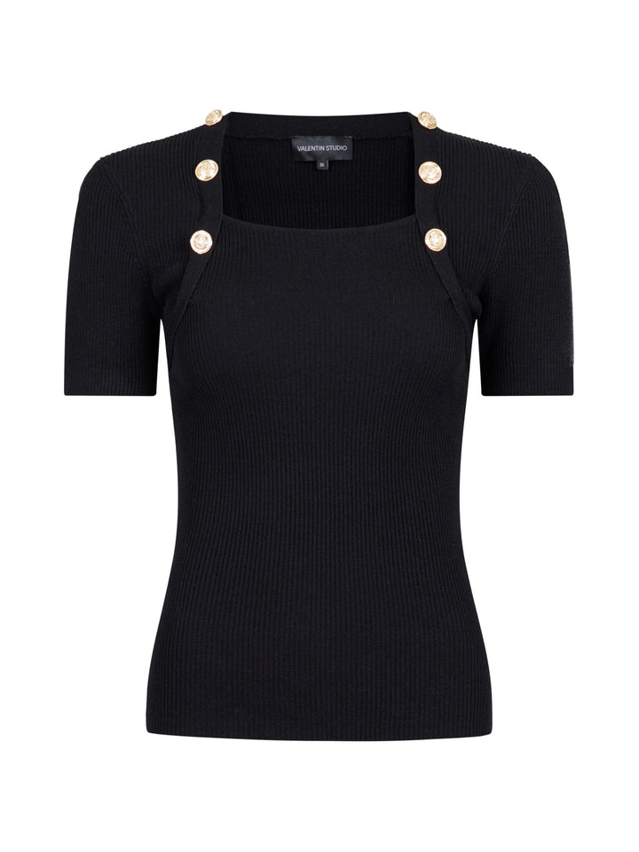 Valentin Studio - Gold Button Knit Tee Square - Black T-shirts 