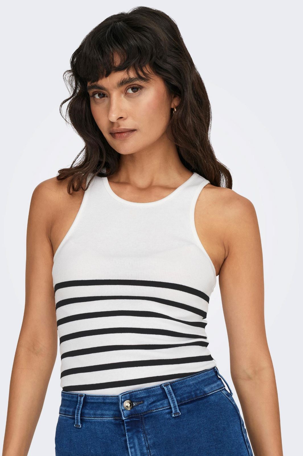 Only - Onlkenya Rib Stripe Tank Top - 4452882 Bright White Black Toppe