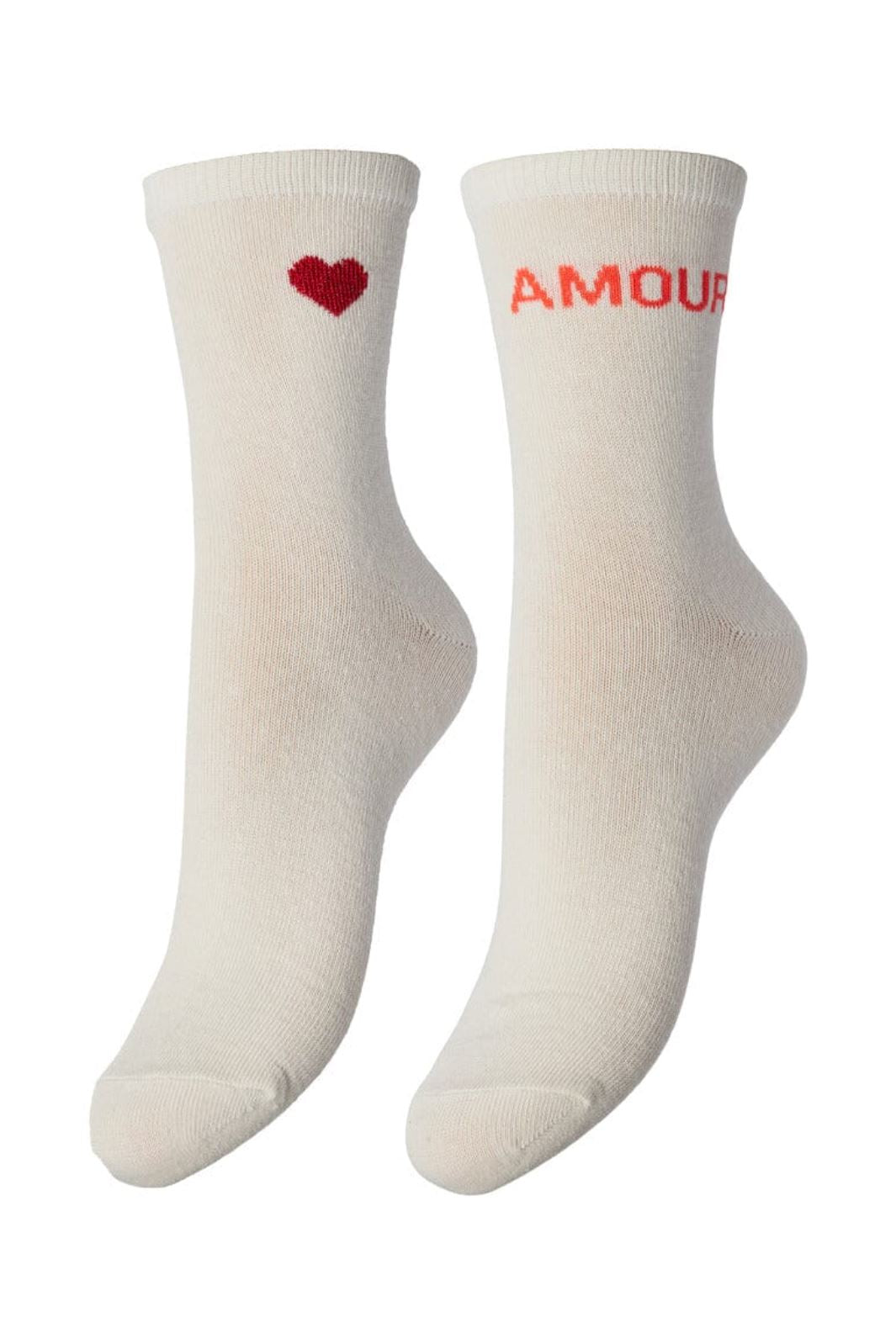 Pieces - Pcmerry Ankle Socks 2-Pack Pa - 4439976 Cloud Dancer 2-Pack Text Amour+Heart Red Strømper 