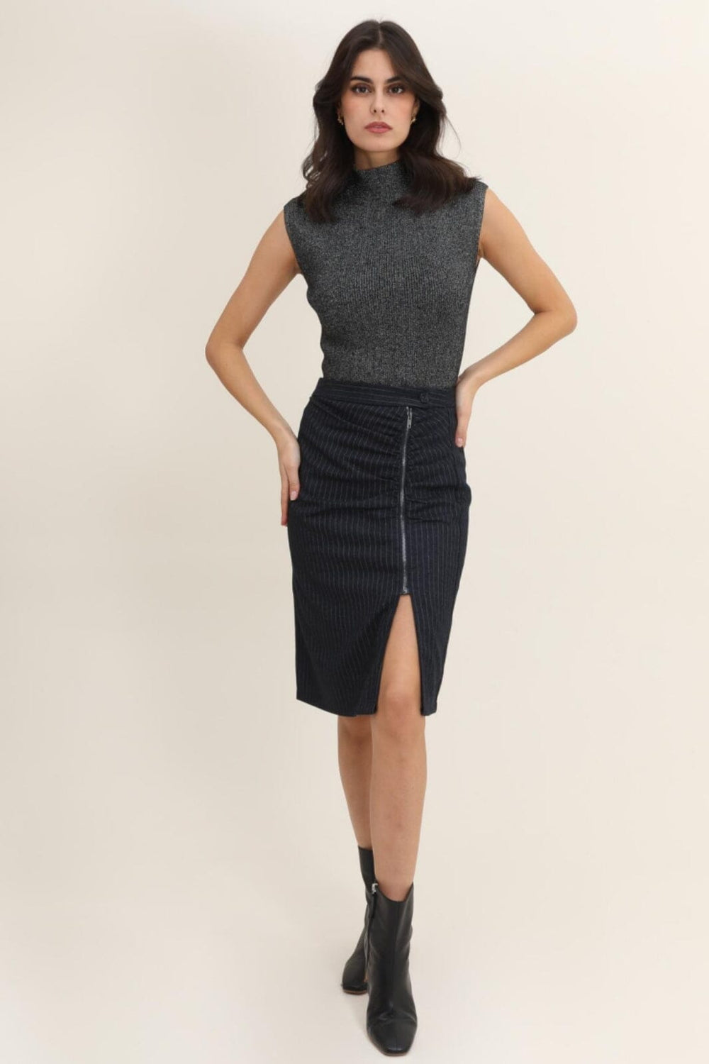 Anobel Copenhagen - Wool Effect Striped Skirt SK848 - Navy Nederdele 