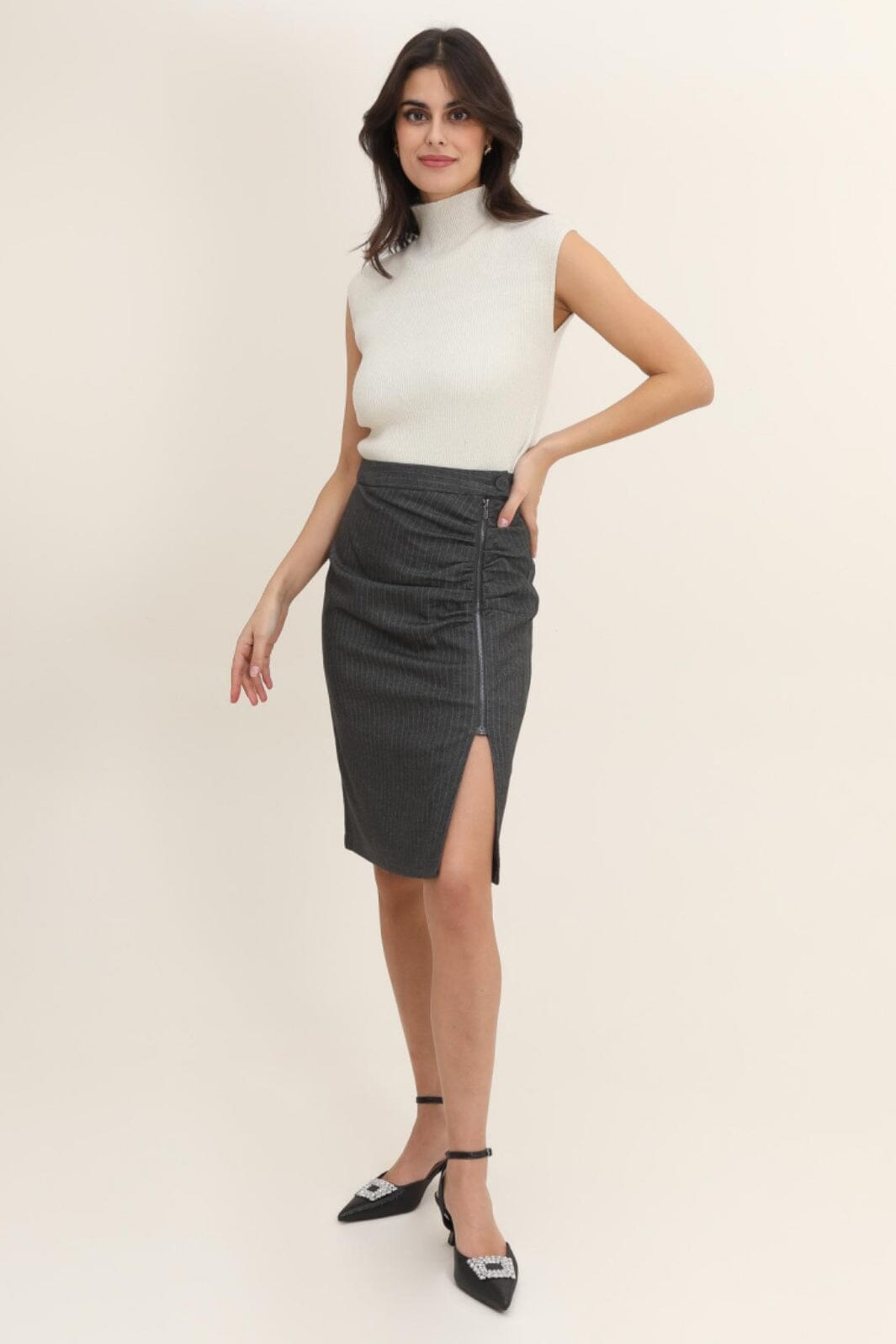Anobel Copenhagen - Wool Effect Striped Skirt SK848 - Slate Grey Nederdele 