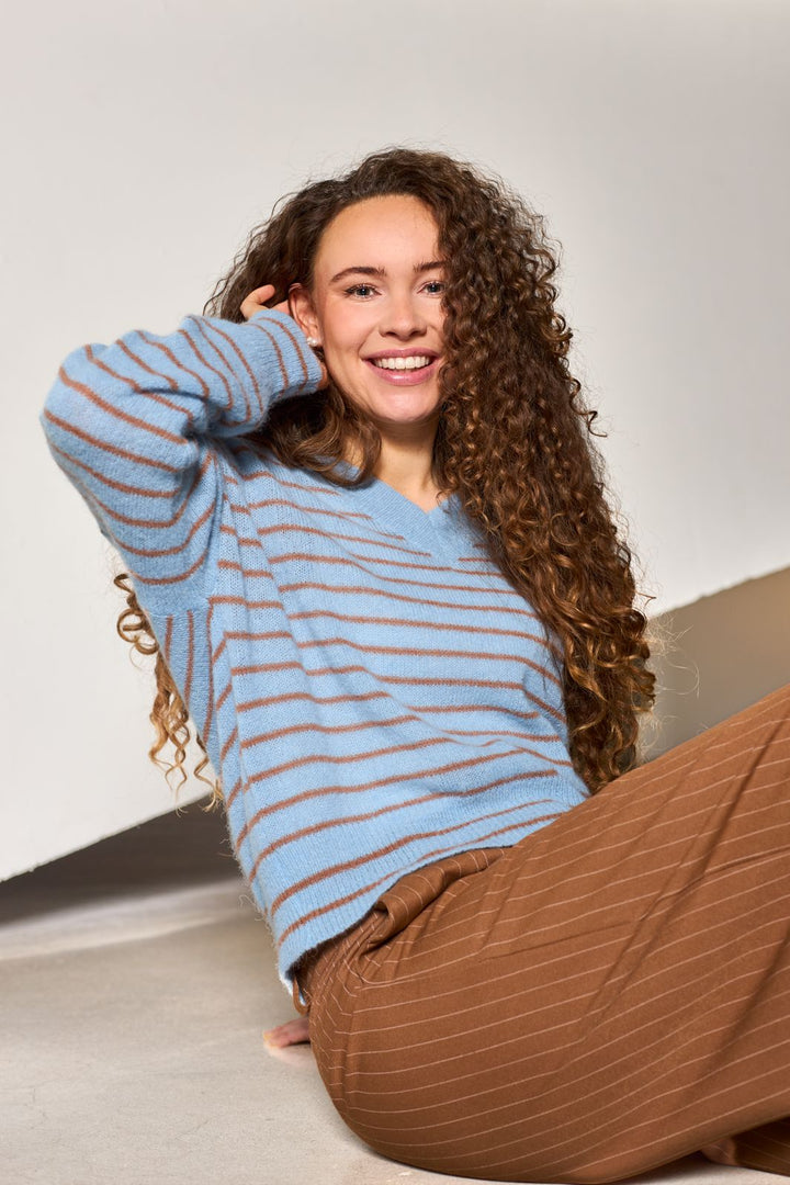 Black Colour - Bcdell Striped V-Neck Jumper 1240 - Lt. Blue