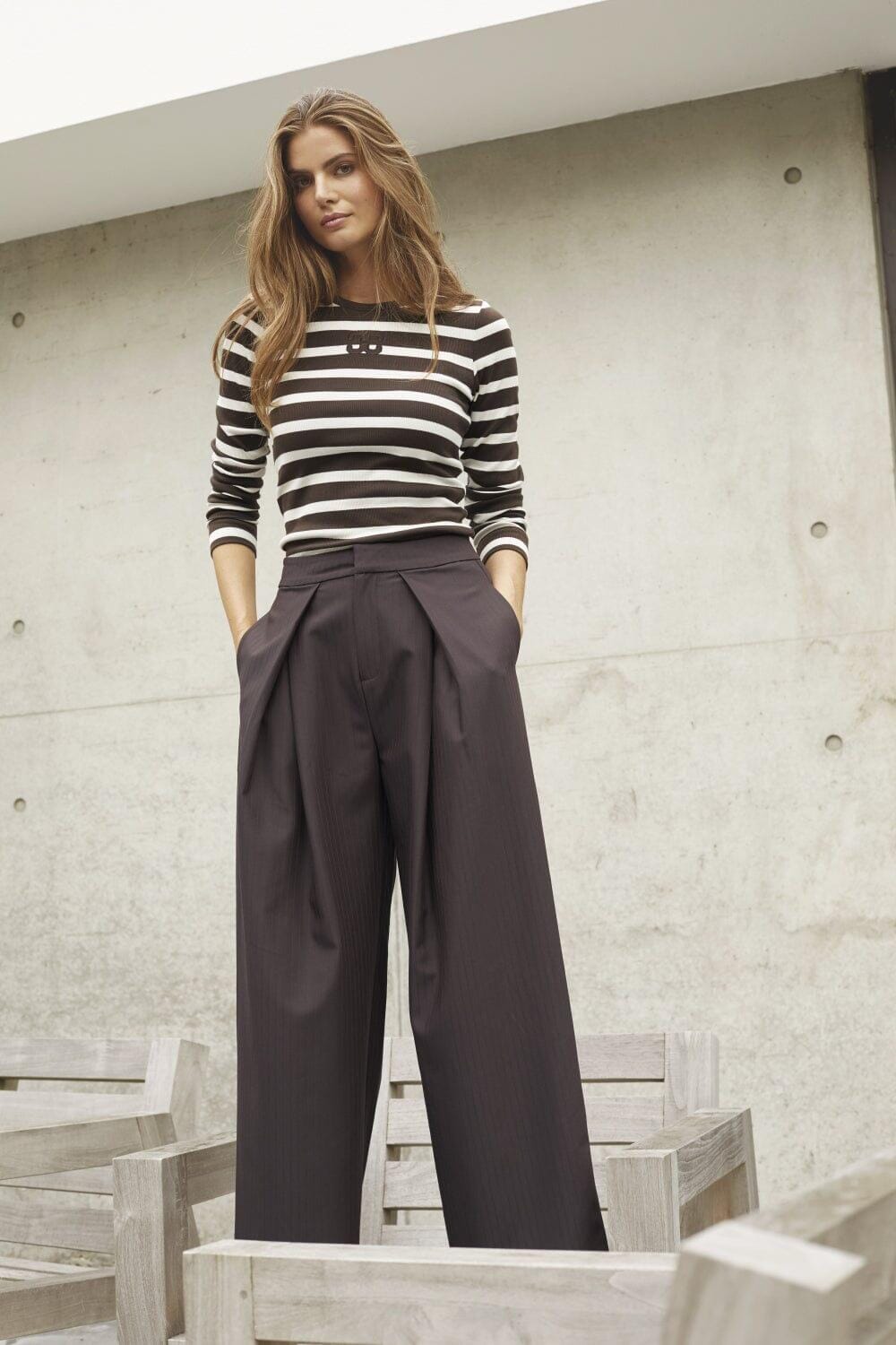 Co´Couture - Grannycc Rib Emb Ls Blouse 43007 - 11145 - Offwhite/Darkbrown Bluser 