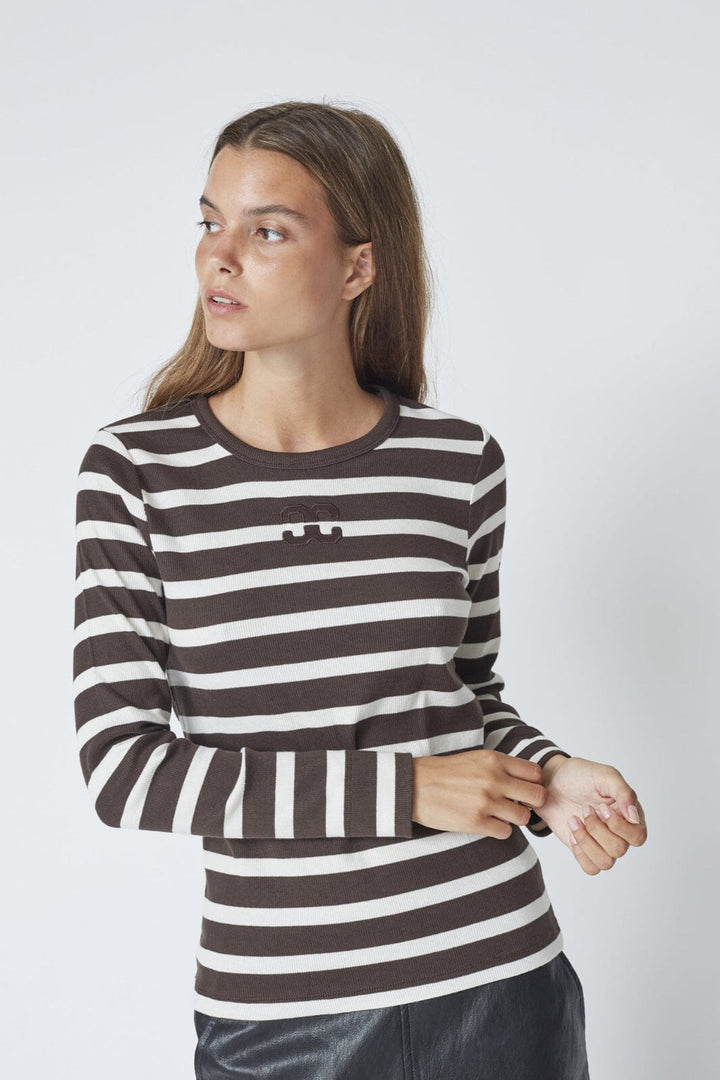 Co´Couture - Grannycc Rib Emb Ls Blouse 43007 - 11145 - Offwhite/Darkbrown Bluser 