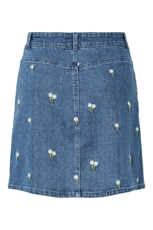 Pieces - Pcflora Short Denim Emb Skirt - 5068174 Medium Blue Denim White Flower Embroidery