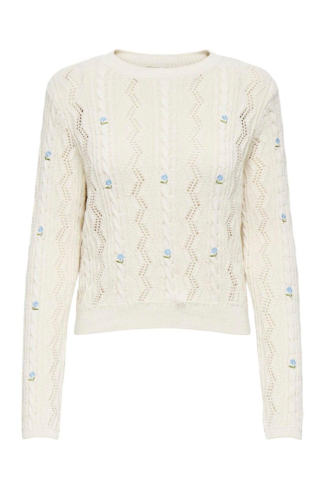 Only - Onlrita Life Ls Embr Cable Knt - 4862606 Ecru Cashmere Blue Flower