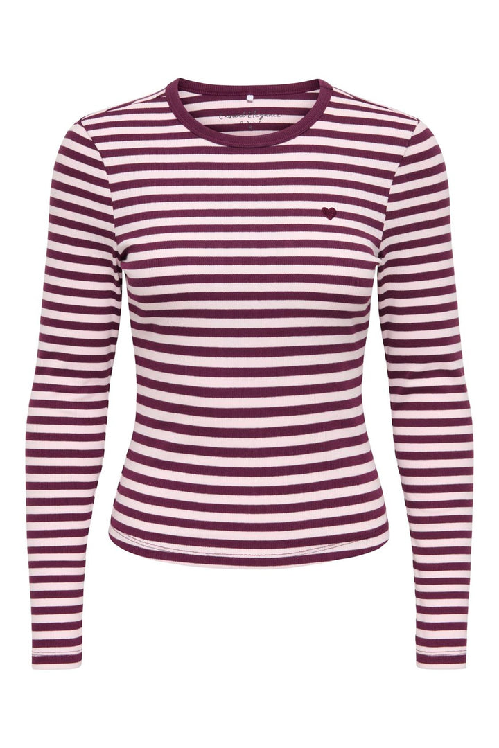 Only - Onlval L/S O-Neck Stripe Top - 5084119 Fig Pale Lilac (Mette) + Emb. Heart