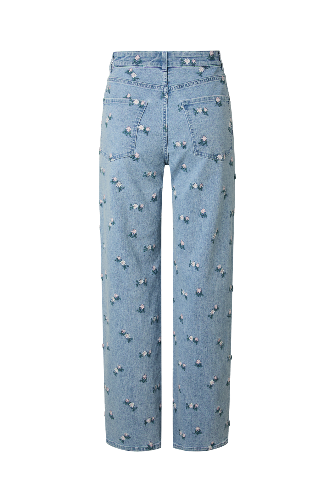 Pieces - Pcflora Straight Emb Jeans - 5068185 Light Blue Denim Pink Flower Embroidery
