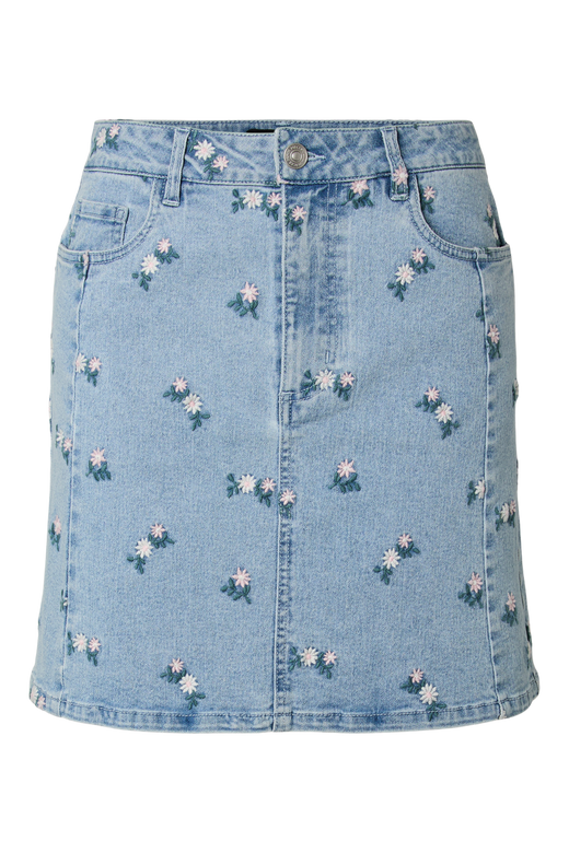 Pieces - Pcflora Short Denim Emb Skirt - 5068175 Light Blue Denim Pink Flower Embroidery