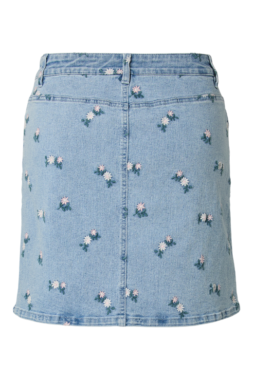 Pieces - Pcflora Short Denim Emb Skirt - 5068175 Light Blue Denim Pink Flower Embroidery