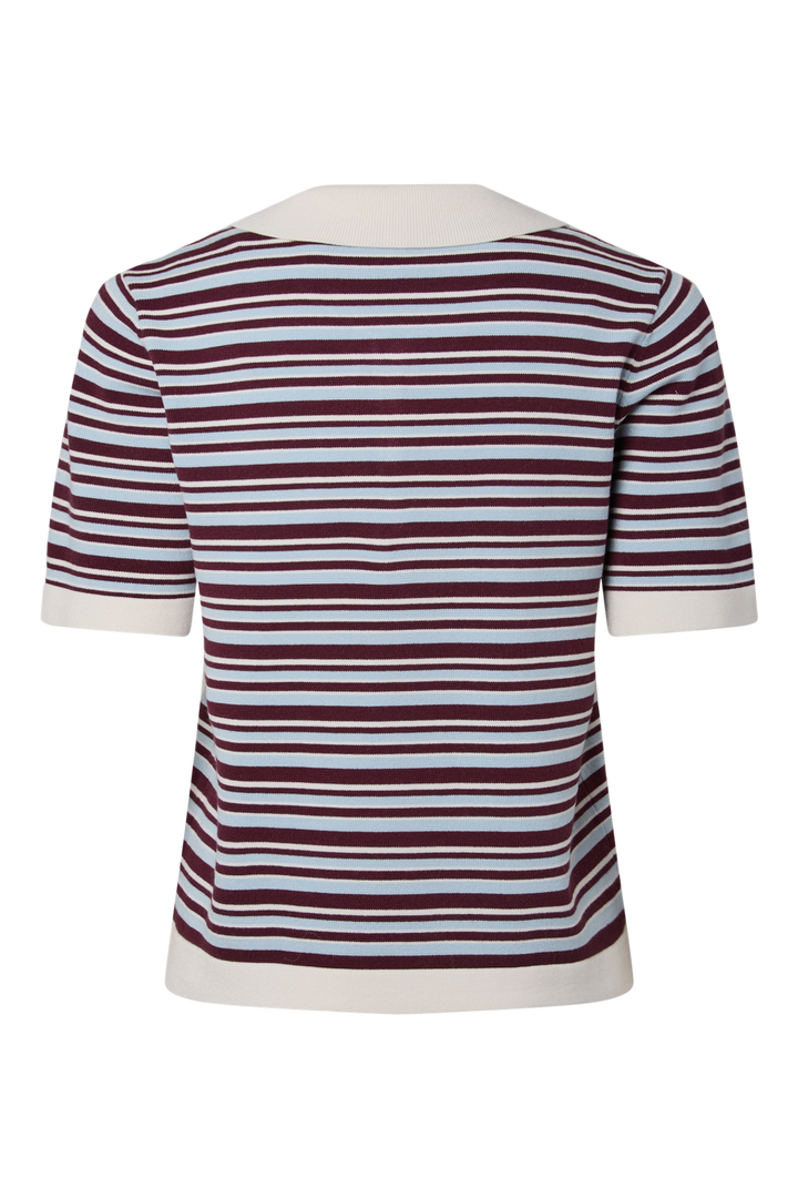 YAS - Yasbelle Ss Polo Knit Pullover - 5115833 Birch Burgundy/Blue Stripe
