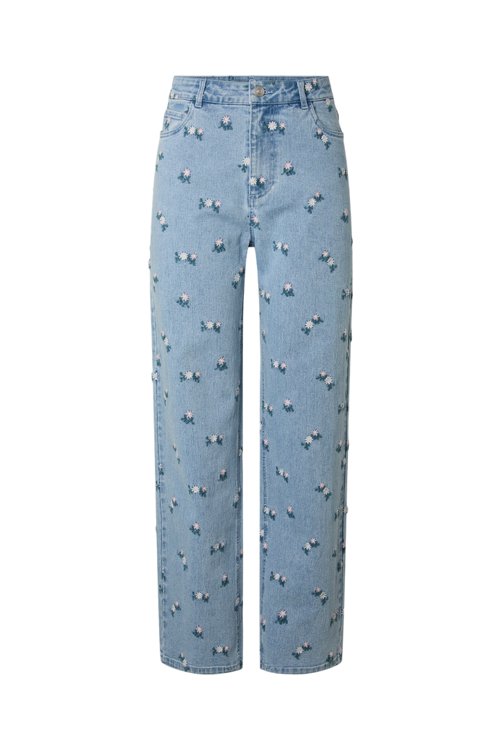 Pieces - Pcflora Straight Emb Jeans - 5068185 Light Blue Denim Pink Flower Embroidery