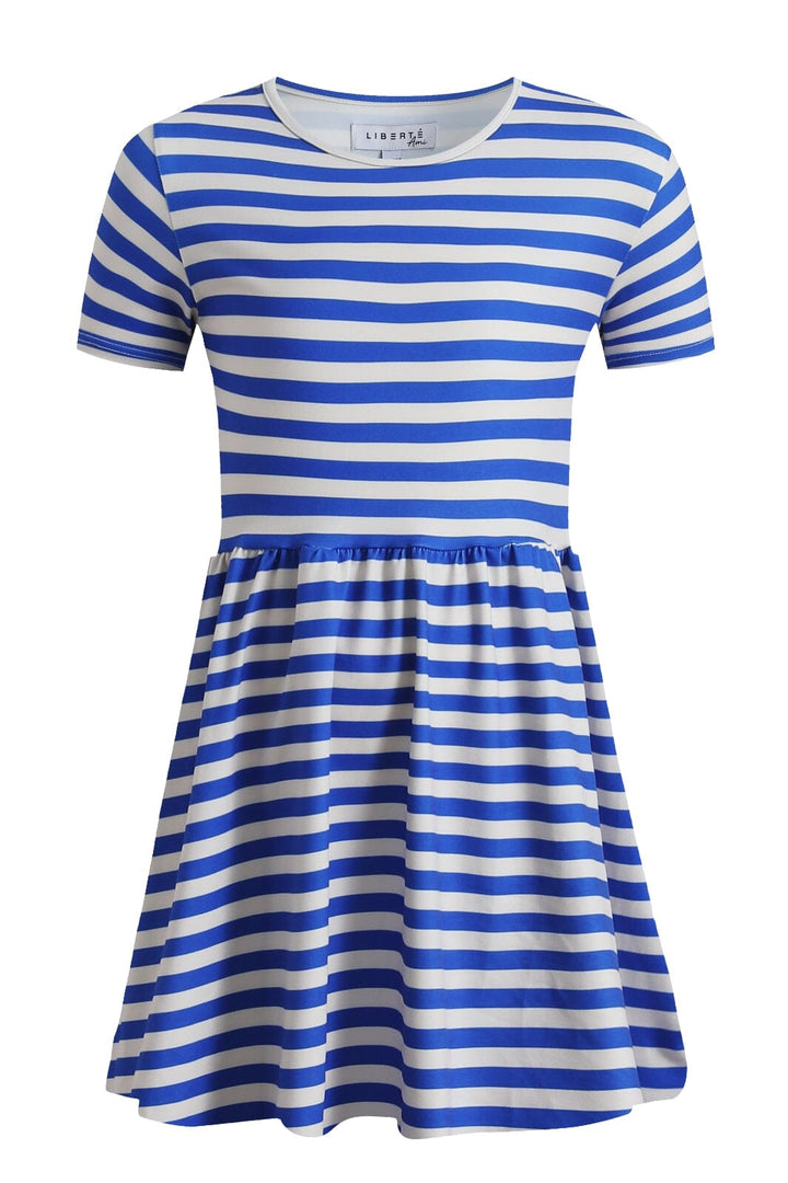 Liberte Ami - Alma-Ss-Babydoll-Dress (Kids) 9652 - Stripe Ivory Cobolt