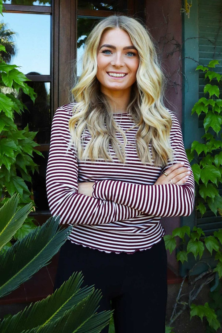 Forudbestilling - Liberte - Natalia Ls Round Neck Blouse 9914 - Bordeaux Creme Gold Stripe