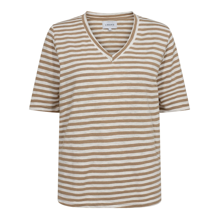 Forudbestilling - Liberte - Ulla-Ss-Vneck-Stripe-Tshirt - Light Brown White Stripe T-shirts 
