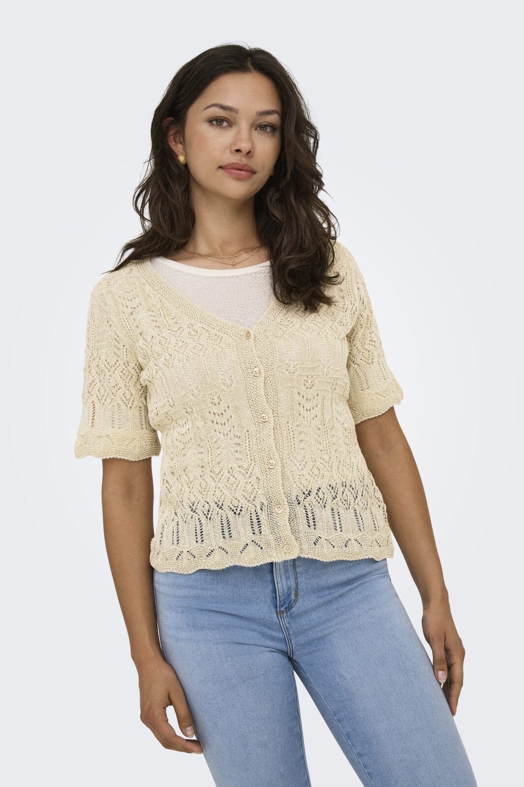 Forudbestilling - Only - Onllovely Ss Glitter Button Top Knt - 4915647 Cloud Dancer Gold