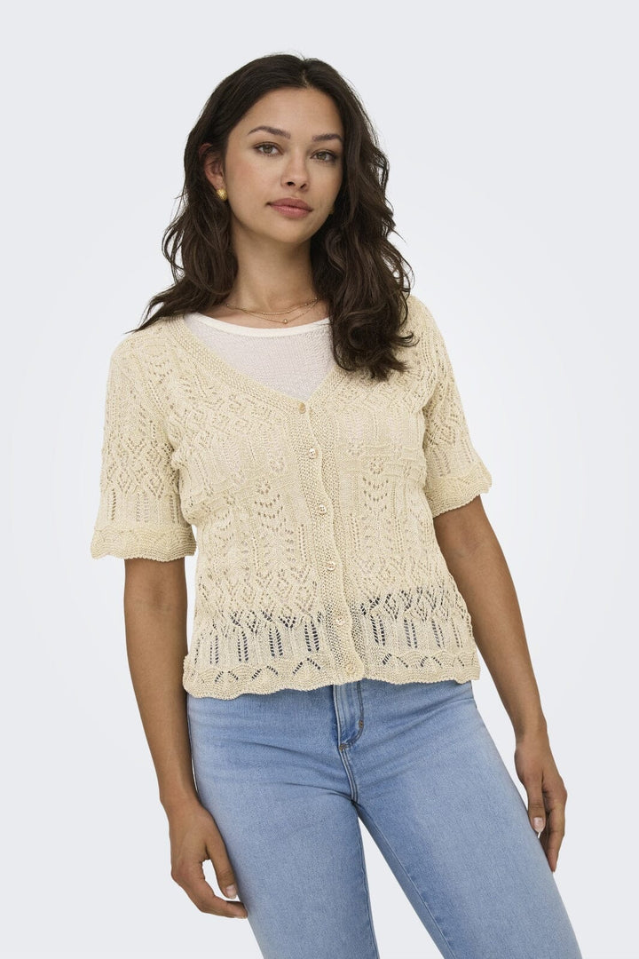 Forudbestilling - Only - Onllovely Ss Glitter Button Top Knt - 4915647 Cloud Dancer Gold