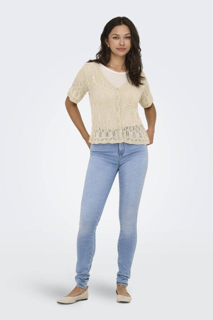 Forudbestilling - Only - Onllovely Ss Glitter Button Top Knt - 4915647 Cloud Dancer Gold
