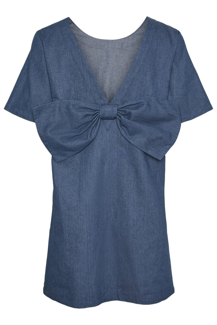 Forudbestilling - Pieces - Pcdove Ss O-Neck Bow Short Dress - 4679700 Medium Blue Denim Kjoler 