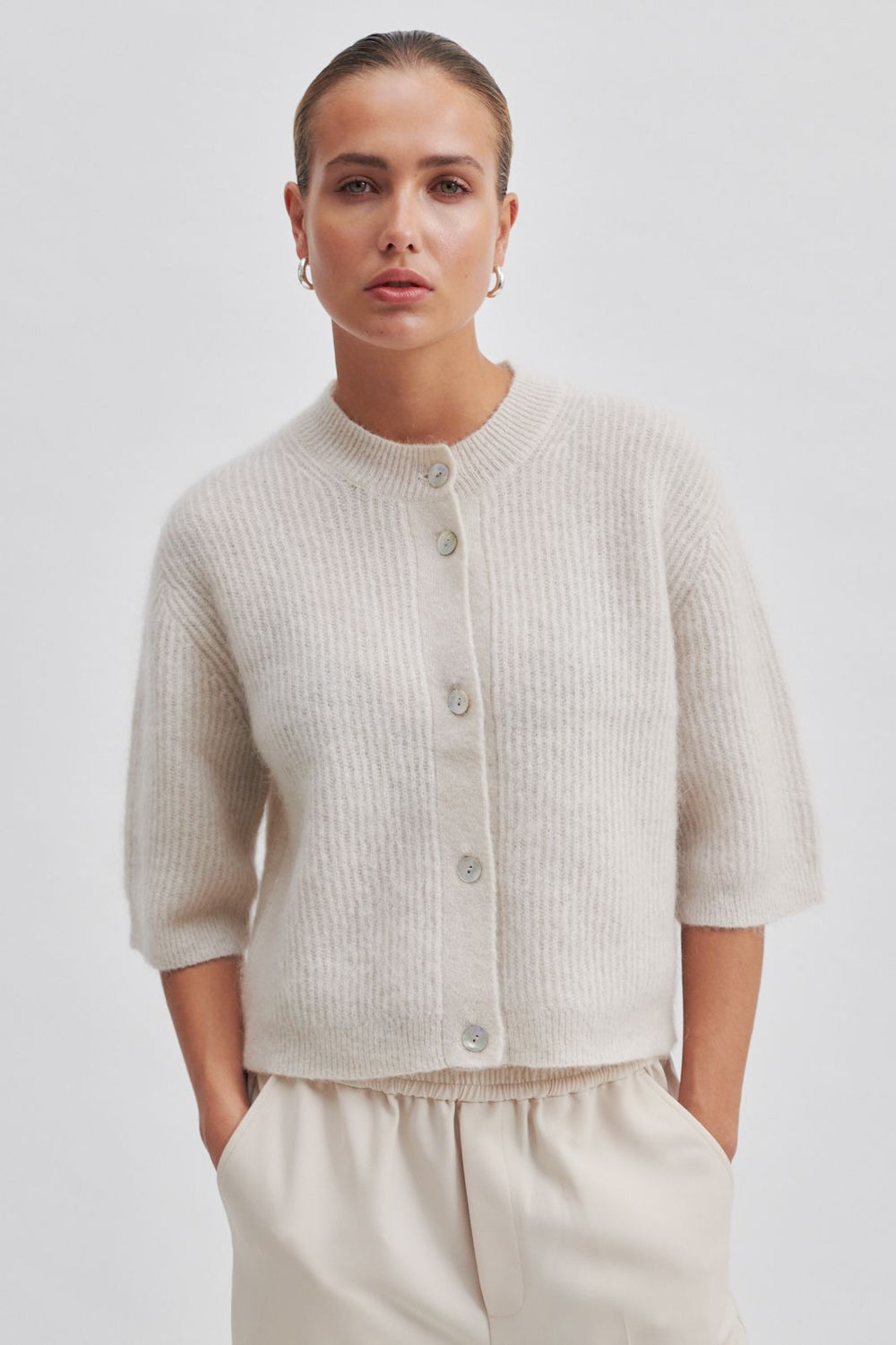Forudbestilling - Second Female - Andrea Knit Rib Cardigan 58367 - Pumice Stone 