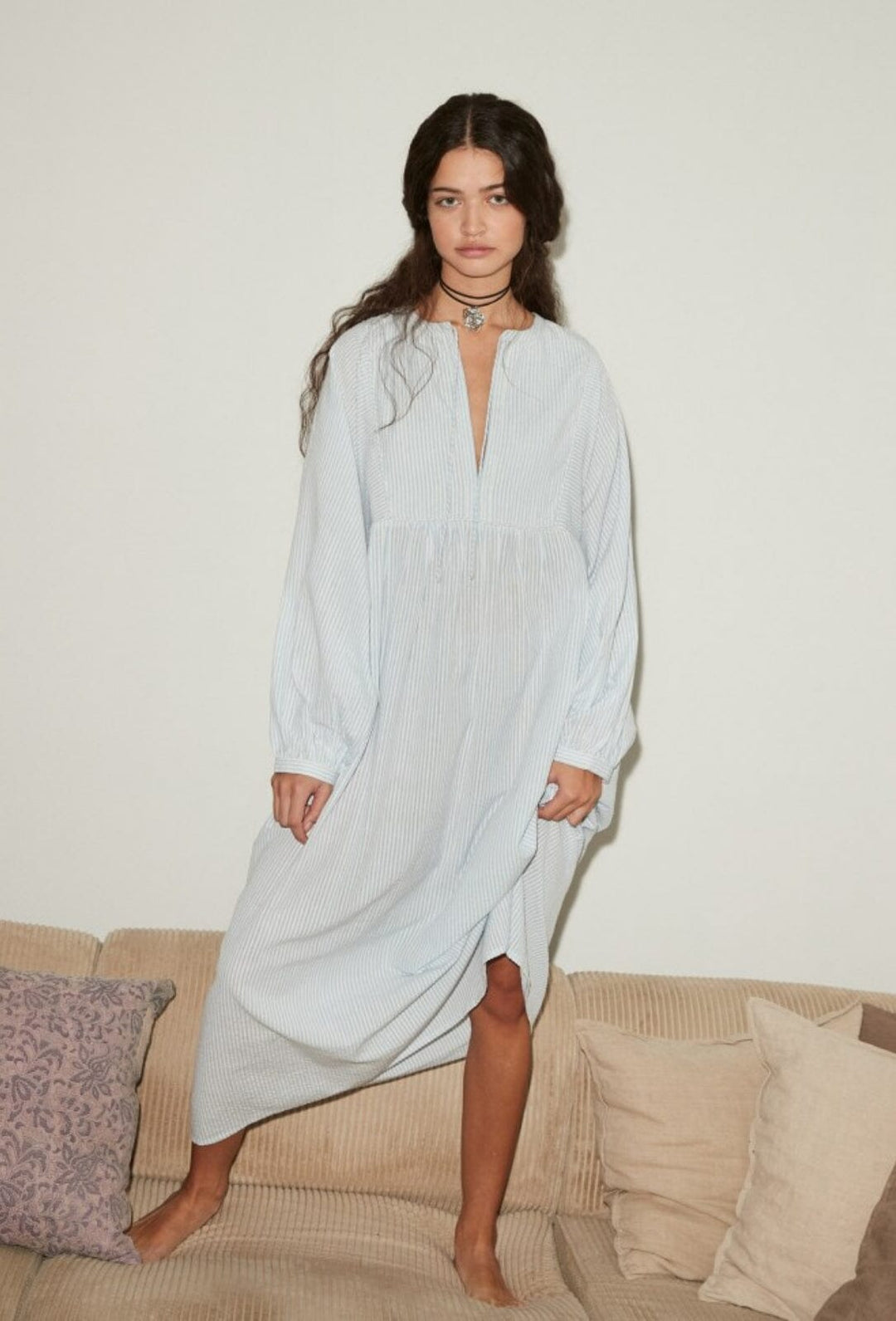 Forudbestilling - Sissel Edelbo - Vera Leftover Cotton Dress SE 1219 - Light Blue & White Kjoler 