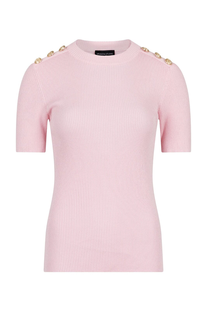 Forudbestilling - Valentin Studio - Gold Button Knit T-shirt - Light pink Strikbluser 