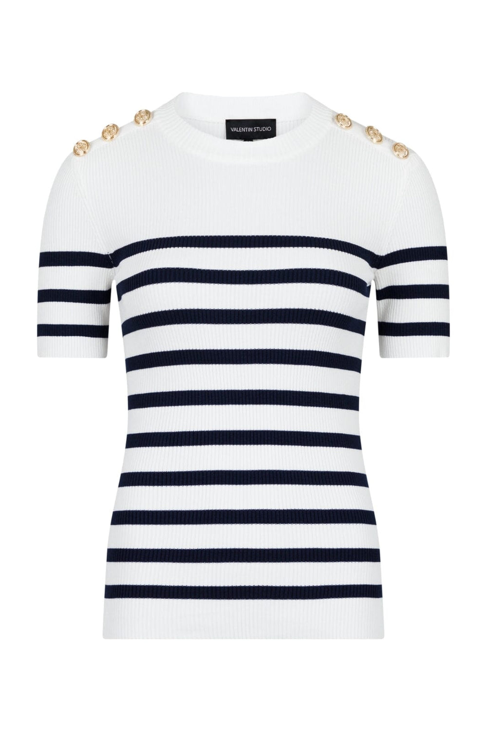 Forudbestilling - Valentin Studio - Gold Button Knit T-shirt - Navy Stripes Strikbluser 