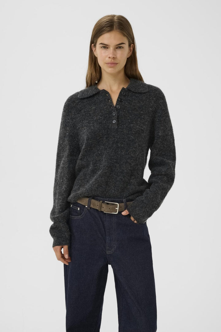 Gestuz - Gzalpha Polo Pullover 10910589 - 106286 - Charcoal Melange Strikbluser 