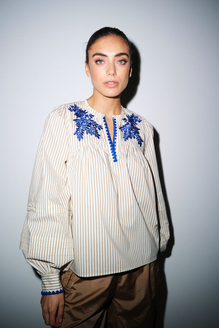 Gossia - Luisago Blouse G3040 - Creme Brown Stripes Bluser 