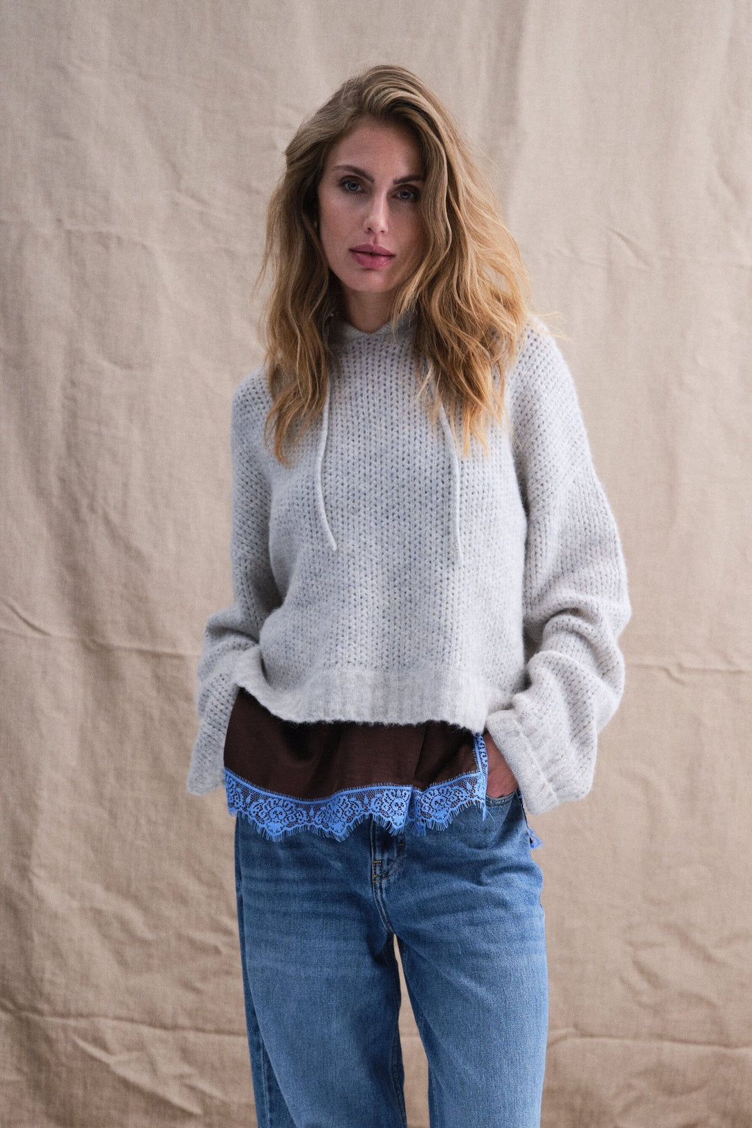 Gossia - Sanago Hoodie Jumper G2761 - Light Grey Melange Strikbluser 