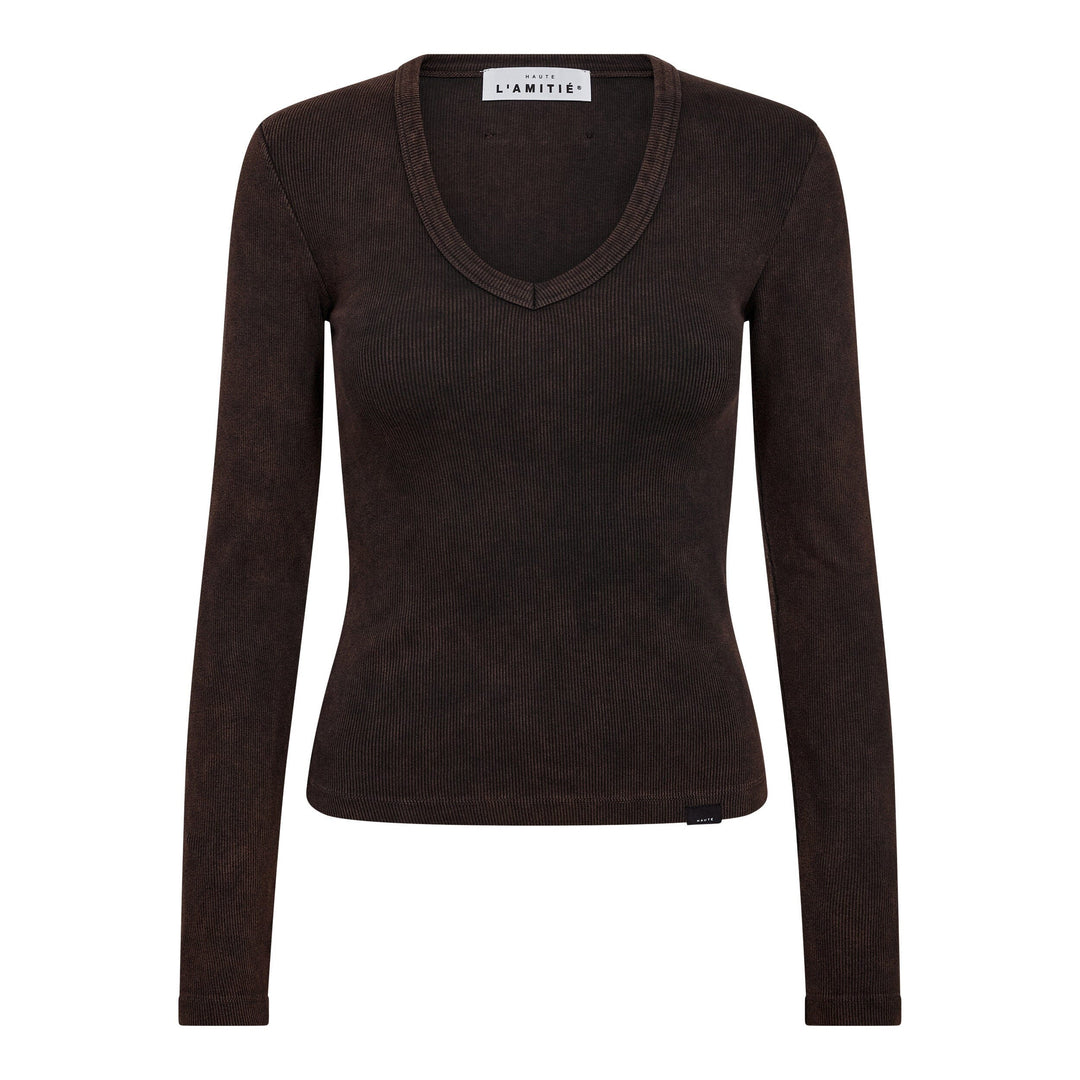 Haute L'Amitié - Deep V Ls Rib Acid Tee HL10892 - Mocca Acid Wash T-shirts 