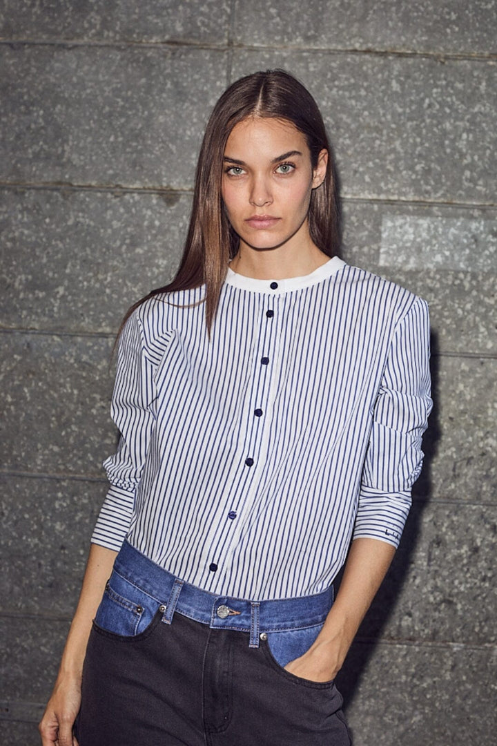 Haute L'Amitié - Stripe Cuff Logo Shirt HL10301 - White Blue Stripe Skjorter 