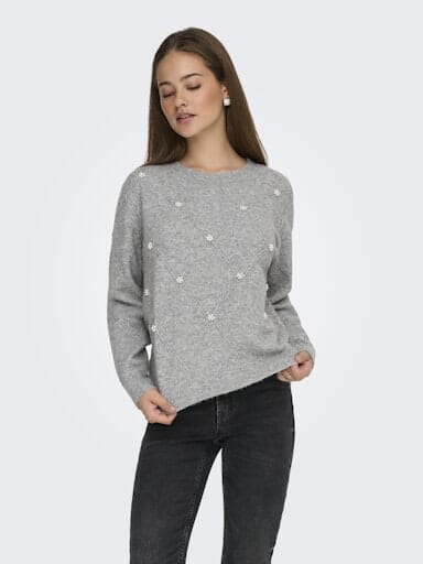JDY - Jdybella Life L/S Struct Pearl Pul Knt - 4901031 Light Grey Melange W. White Pearls Strikbluser 